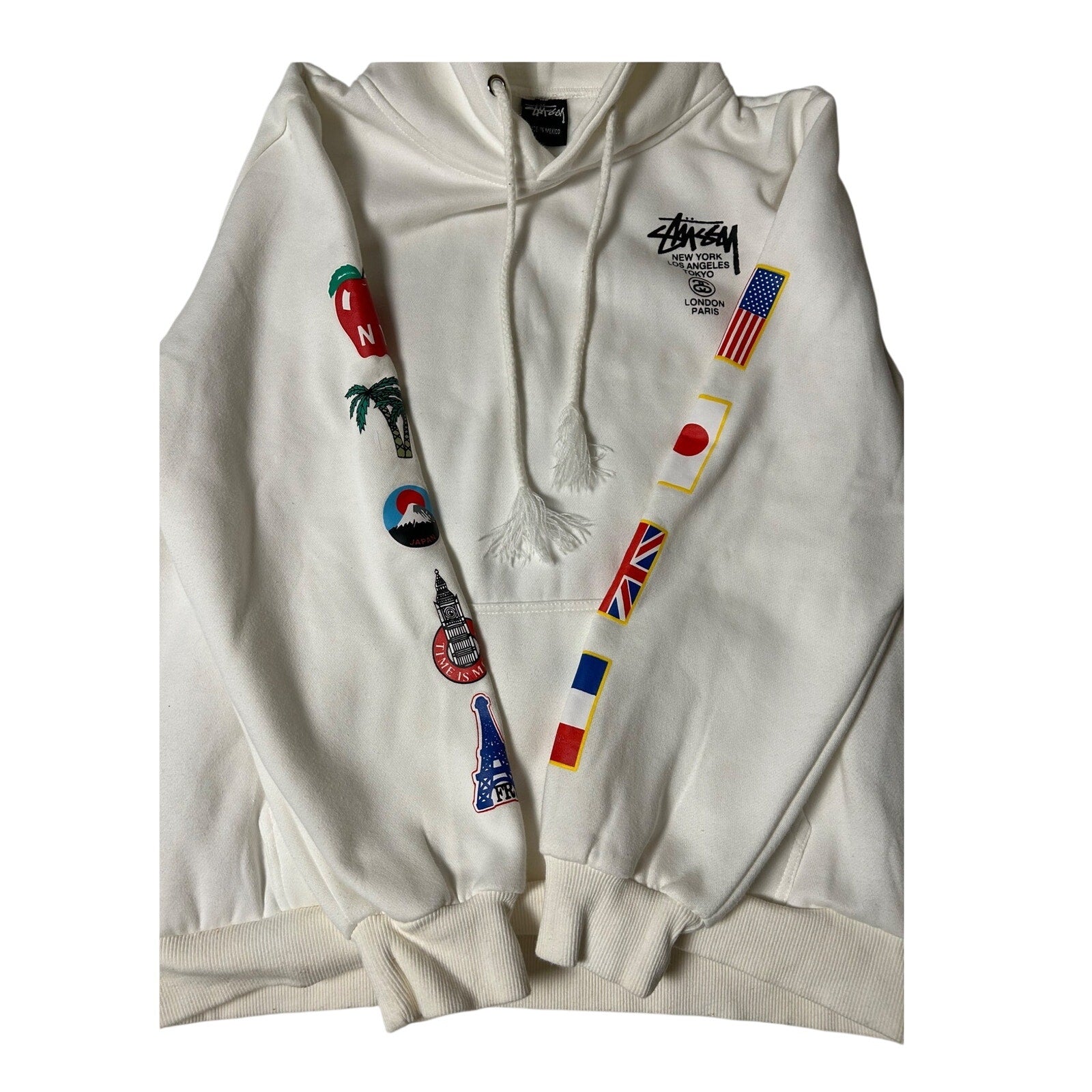 Stussy World Tour Hoodie XL Cream Embroidered Sleeve Patches – The