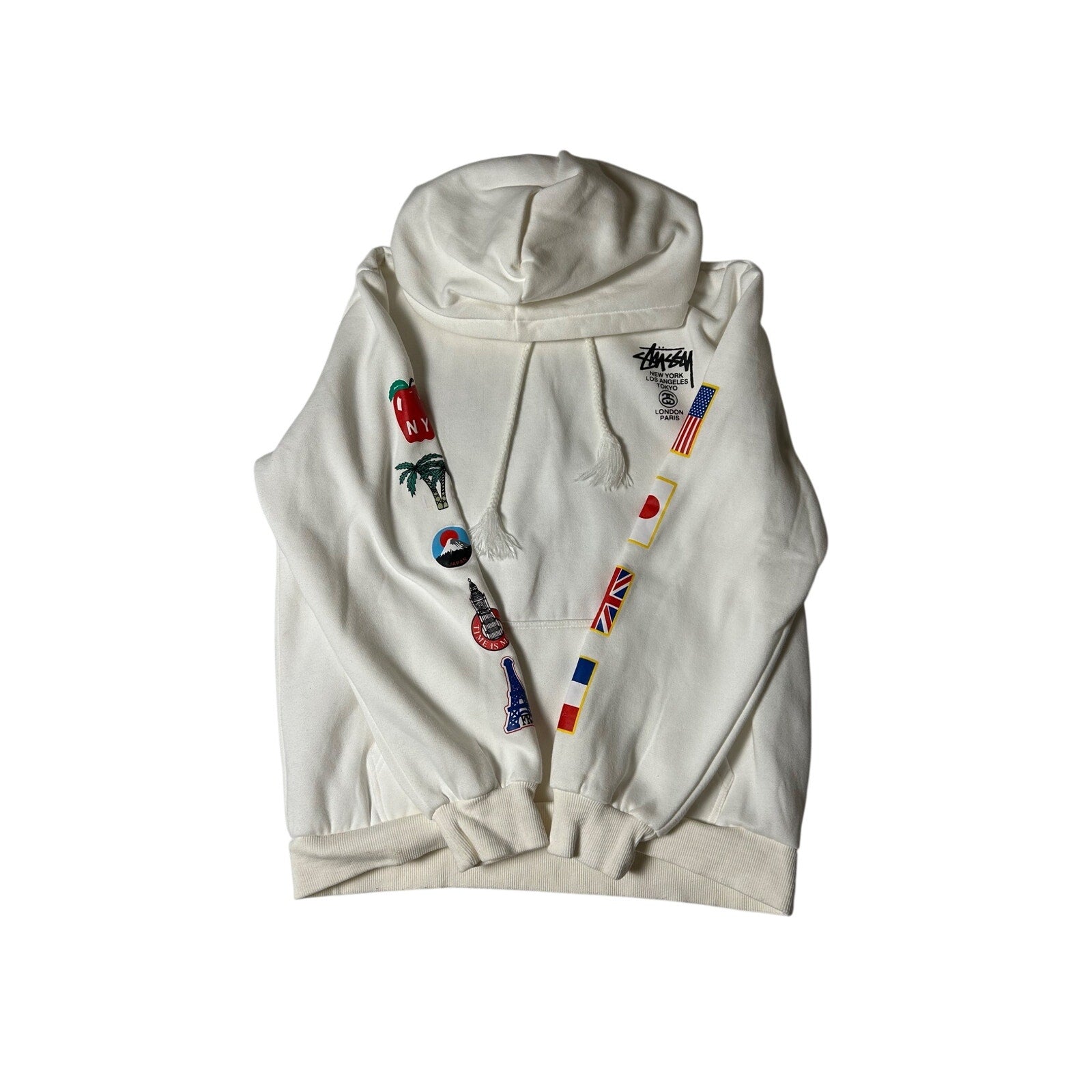 Stussy World Tour Hoodie XL Cream Embroidered Sleeve Patches – The