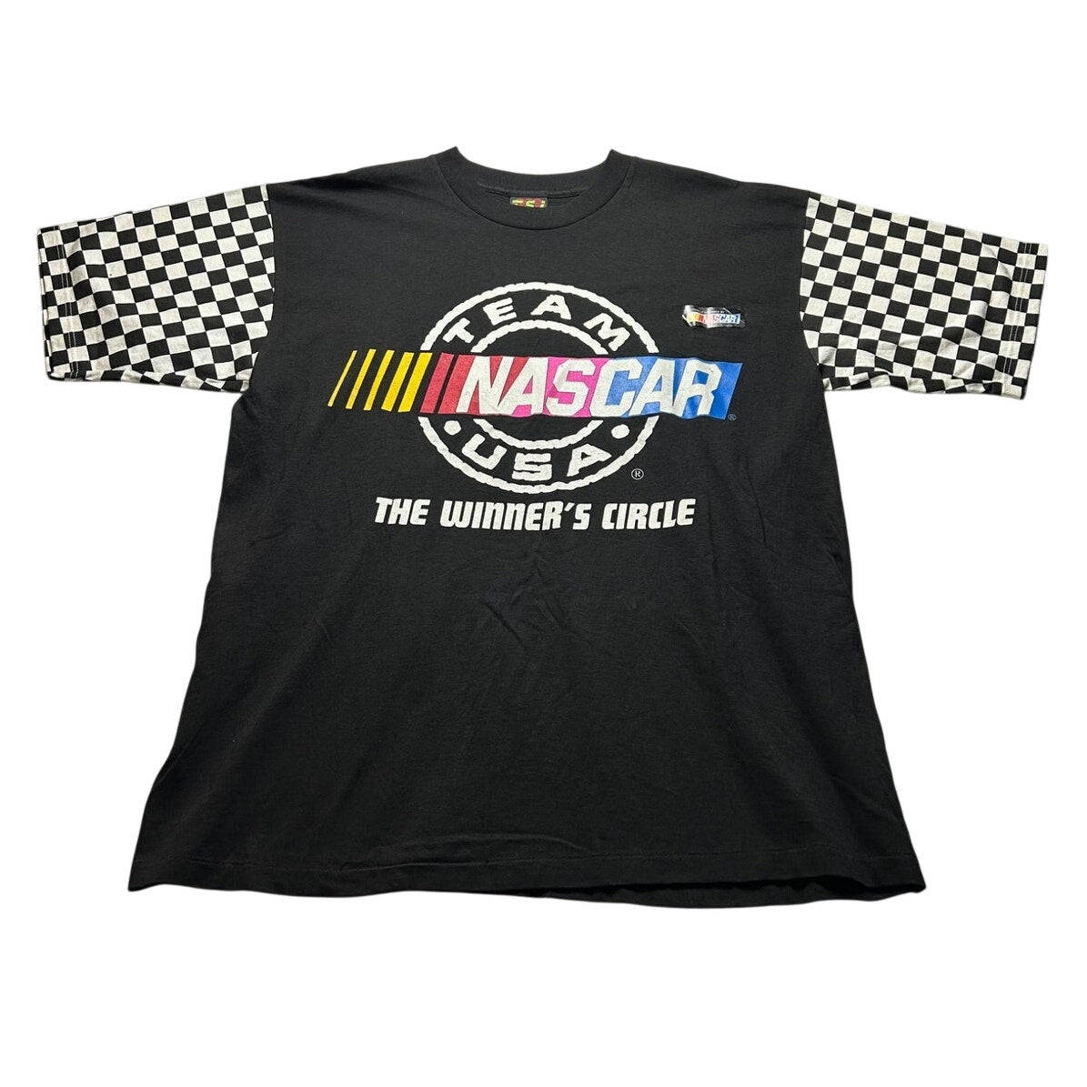 ★90s NASCAR ナスカー レーシング Tシャツ XL USA製 総柄 黒 Vintage 90s Team NASCAR USA Winners Circle Checkered Flag T-Shirt